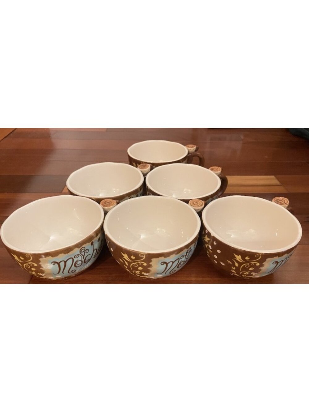 Pier 1 imports Lot Of 6 Mocha Coffee Hand Painted 16 oz. Flower Mugs Cups